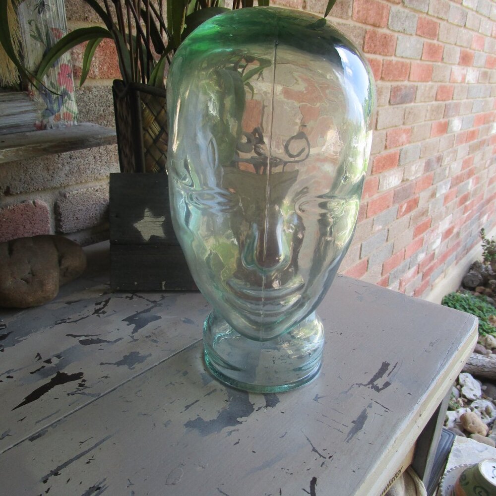 Vintage 70's Glass Mannequin Head Green Tint Heavy Life Size 11" Tall